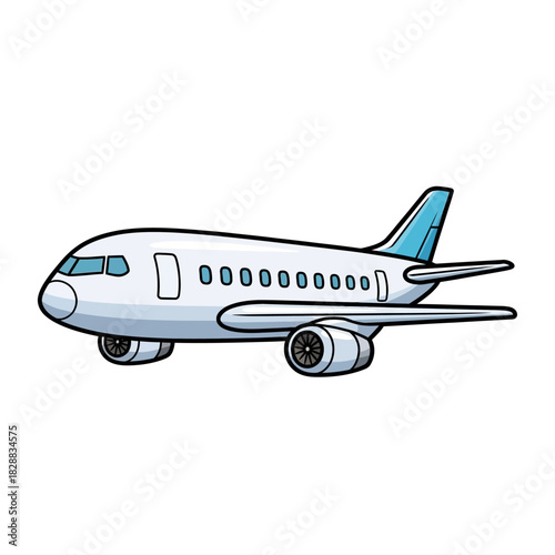 A side view illustration of a white passenger airplane with blue accents.