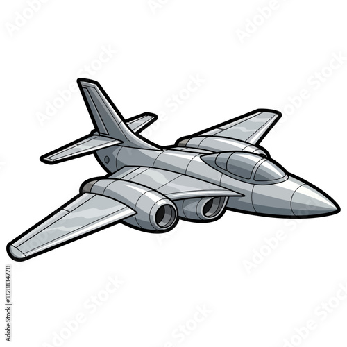 Cartoon illustration of a grey jet airplane with two engines flying in the sky, ready for travel.