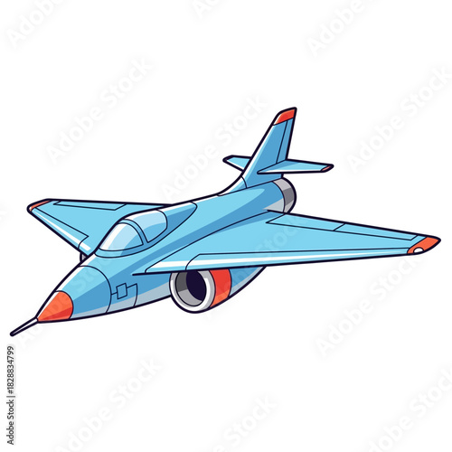 Cartoon illustration of a light blue jet airplane with orange accents flying.