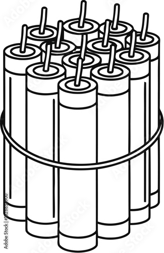 Bundle of dynamite sticks tied together with a wire on a white background