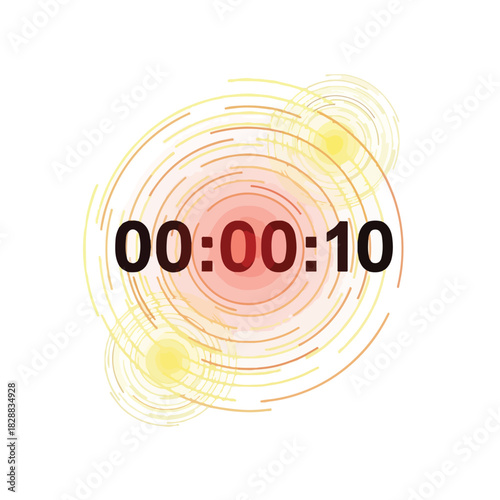 A digital timer graphic with concentric orange lines and a red center displaying 00:00:10 on a white background. Perfect for countdowns, presentations, and promotional materials.