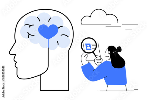 Mental health concept. Mental health ed by a brain and a heart, connecting well-being to identity verification. Mental health supports understanding and communication. For healthcare, education
