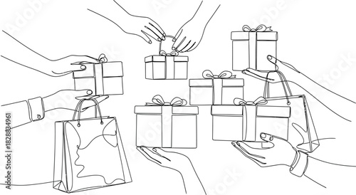 Hands presenting gifts and shopping bags in a continuous line art drawing style