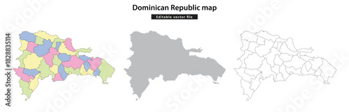 Dominican Republic map. Three vector map variations of the Dominican Republic: colored provinces, grey silhouette, and black outline.
