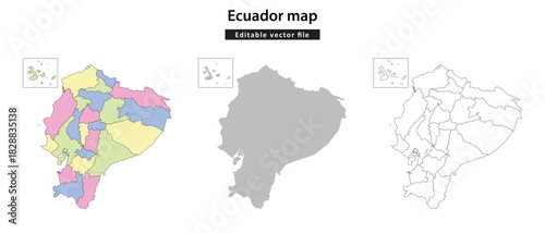 Ecuador map vector illustration showing political divisions and outline variations.