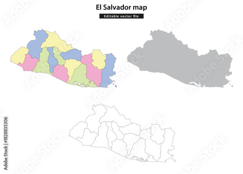 El Salvador map. Three detailed maps of El Salvador, showing its administrative divisions and a silhouette.