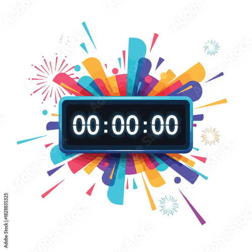 A colorful digital countdown timer with a black screen and white numbers, surrounded by vibrant rays and fireworks on a white background. Perfect for new year celebrations, countdowns, and