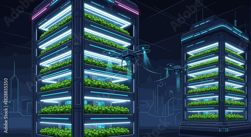 Futuristic vertical farms with drones in a modern city at night.