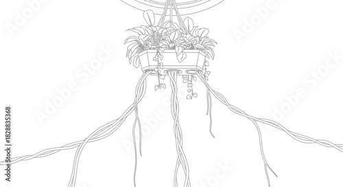 Hanging planter with vines and roots, line art.