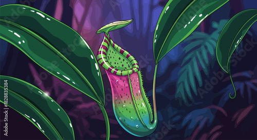 Vibrant carnivorous pitcher plant in a lush, dark jungle setting.
