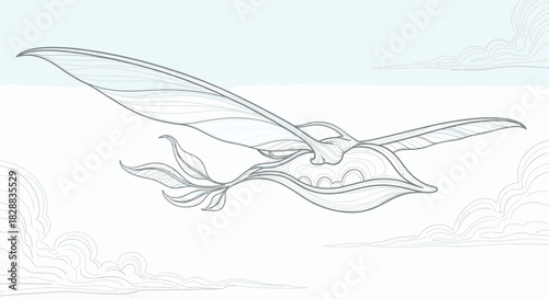 Stylized line art of a surreal bird flying through clouds