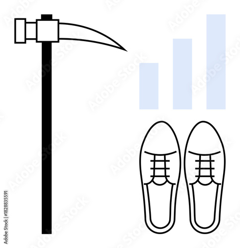 Work symbol. A pickaxe, growth chart, and shoes work, progress, and professional development. Work evokes industries, careers labor and success. For business mining industry career development