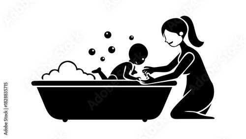 A mother gently bathing her baby in a small warm tub with bubbles floating around