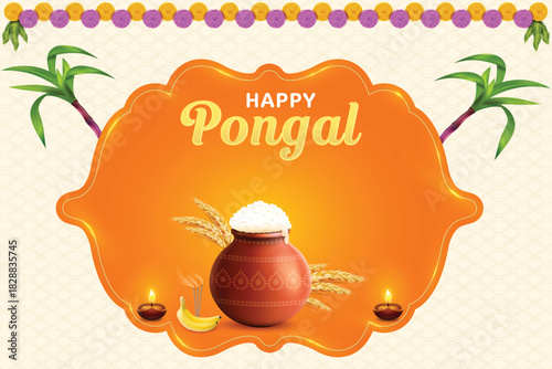 Pongal Festive Celebration With Rice Mud Pot, Wheat Ear, Sugarcane And Oil Lamp On Beige Background. Grand Indian  Festival Offer Sale Landing Page Vector Illustration For E-commerce, Greetings