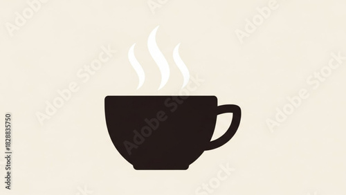 Simple black silhouette icon of a steaming hot beverage in a cup against a light beige background, perfect for coffee or tea concepts