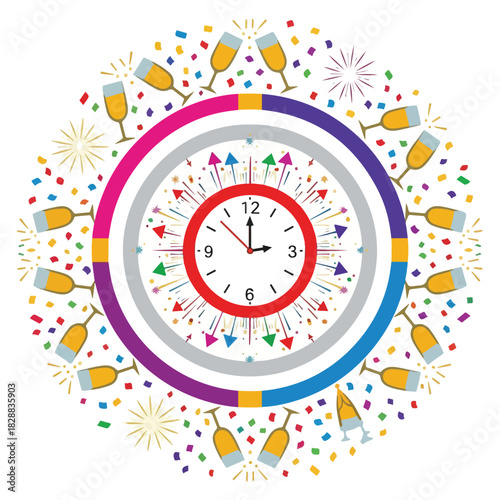 A colorful digital illustration of a clock surrounded by confetti, fireworks, and champagne bottles in a circular pattern. Perfect for celebrations, New Year's Eve designs, and party