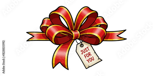 Vintage Red Ribbon Bow with Gold Trim, "Just for You" Tag, 1950s Animation Style