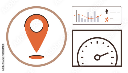 Location pin in a circle, speed gauge, and graph with figures emphasizing tracking, movement, data metrics. Ideal for analytics, performance, progress, navigation efficiency evaluation technology
