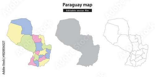 Paraguay map. Three different maps of Paraguay, showing the country's outline and internal divisions, with color-coded regions.