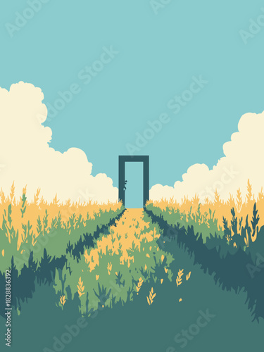 Surreal door standing alone in a green wheat field, opening to a bright blue sky, opportunity concept, realistic style