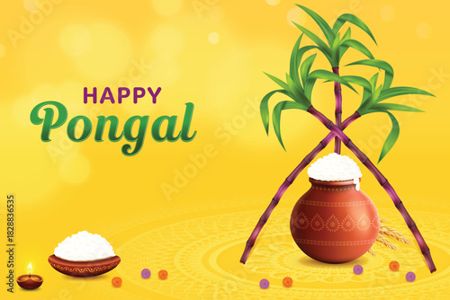 Pongal Festive Celebration With Rice Mud Pot, Sugarcane And Oil Lamp On Yellow Color Background. Grand Indian  Festival Offer Sale Landing Page Vector Illustration For E-commerce, Web, Greetings Card
