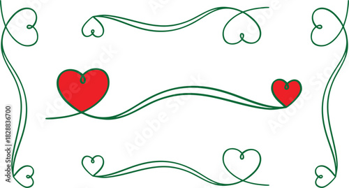 Decorative vector set of charming red hearts and intertwined green lines, perfect for romantic graphic accents, borders, and elegant digital design embellishments