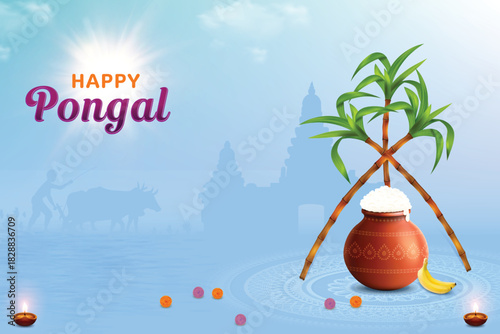 Pongal Festive Celebration With Rice Mud Pot, Wheat Ear, Sugarcane And Oil Lamp On Blue Color Background. Grand Indian  Festival Offer Sale Landing Page Vector Illustration For E-commerce, Greetings