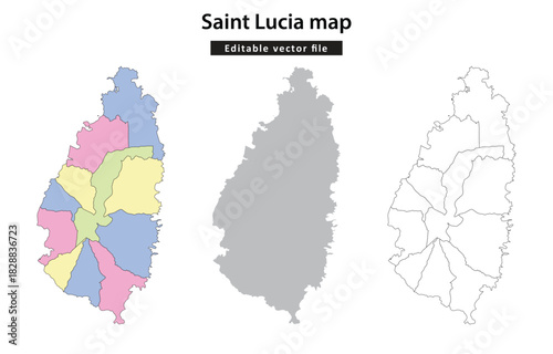 Saint Lucia map. Vector map of Saint Lucia showing administrative divisions in colored, silhouette, and outline styles.