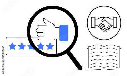 Customer feedback concept. Customer feedback with thumbs up, ratings, and handshake icons emphasizing trust and reliability. Customer feedback is vital for business insights, reviews, user