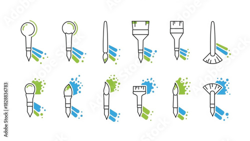 A professional vector line art icon set featuring various brushes for both makeup and digital art. The collection includes foundation, powder, eyeshadow, and fan brushes, alongside traditional paint.