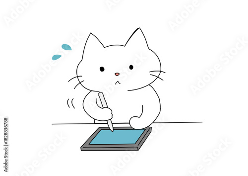 タブレットを使う白猫