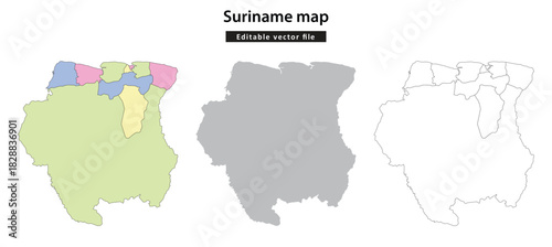 Suriname map. Three detailed vector maps of Suriname, showing its political divisions, a solid silhouette, and an outline with internal borders, suitable for geographic and educational purposes.