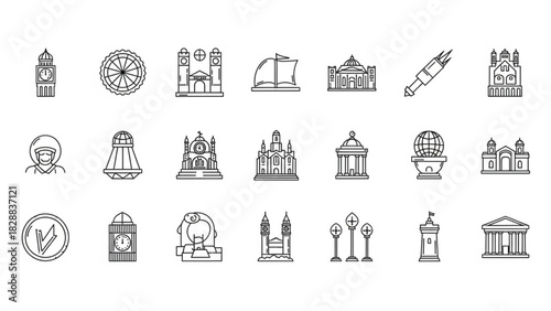 A thin-line vector icon set featuring famous landmarks, architectural wonders, and historical symbols from around the world. The collection includes towers, cathedrals, temples, government buildings.