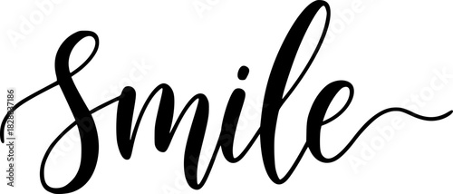 Handwritten calligraphy of the word smile in elegant black lettering 