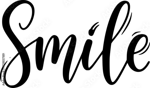 Handwritten calligraphy of the word smile in elegant black lettering 