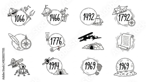 This black-and-white vector set features twelve hand-drawn icons illustrating significant historical dates and events. The images, contained within circular doodles, depict themes like exploration.