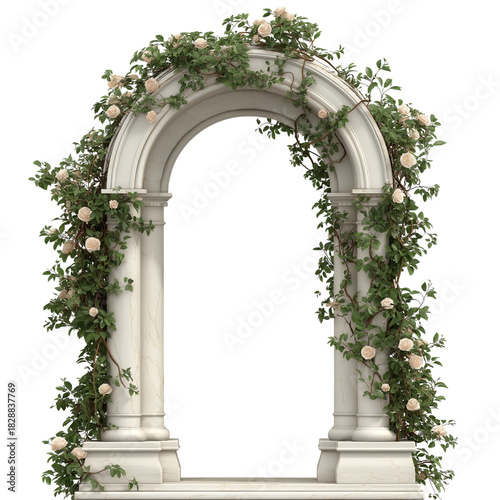 White Marble Archway Covered in Greenery and Pale Pink Roses isolated on a transparent background architectural element