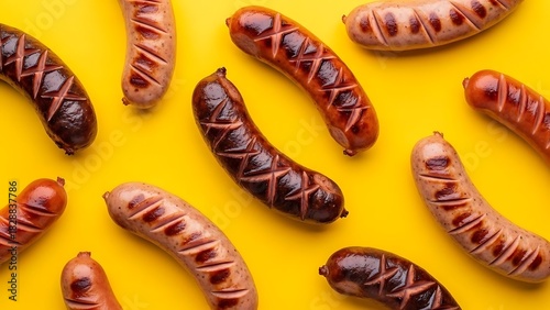 Assorted Grilled Sausages Overhead on Yellow Background, BBQ, Delicious