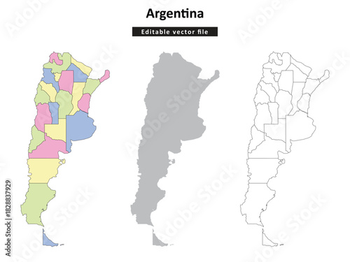 Argentina map. Vector illustration set of Argentina maps, including a colored political map with provinces, a grey silhouette, and a blank outline.