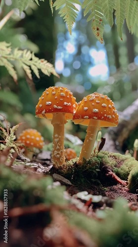 Close up of orange mushroom with white dots in a lush forest environment
