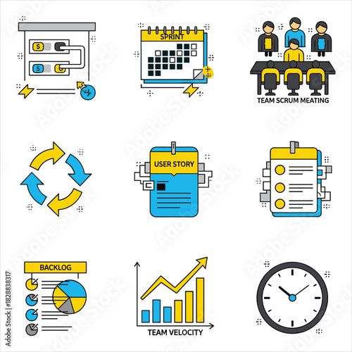 Agile scrum development process and workflow vector icons set isolated on white background, Vector