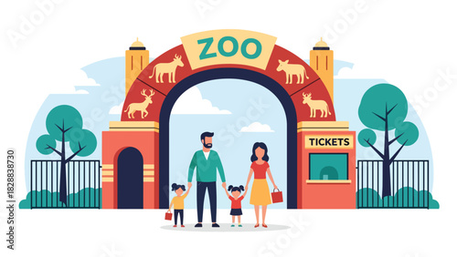 Happy family entering the zoo through the main entrance gate during a holiday trip. Ideal for family travel, tourism, outdoor adventure, and leisure illustrations