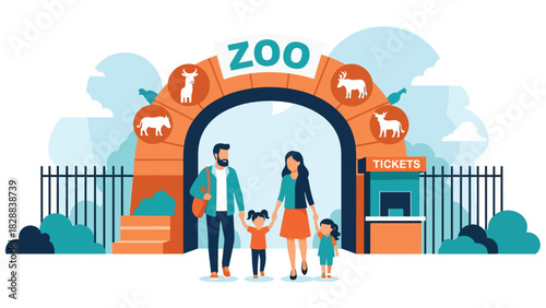 Happy family entering the zoo through the main entrance gate during a holiday trip. Ideal for family travel, tourism, outdoor adventure, and leisure illustrations