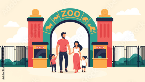 Happy family entering the zoo through the main entrance gate during a holiday trip. Ideal for family travel, tourism, outdoor adventure, and leisure illustrations
