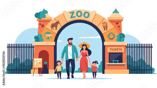 Happy family entering the zoo through the main entrance gate during a holiday trip. Ideal for family travel, tourism, outdoor adventure, and leisure illustrations