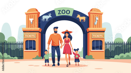 Happy family entering the zoo through the main entrance gate during a holiday trip. Ideal for family travel, tourism, outdoor adventure, and leisure illustrations