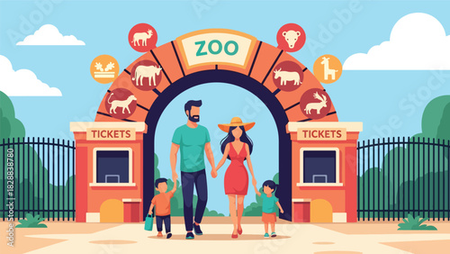 Happy family entering the zoo through the main entrance gate during a holiday trip. Ideal for family travel, tourism, outdoor adventure, and leisure illustrations