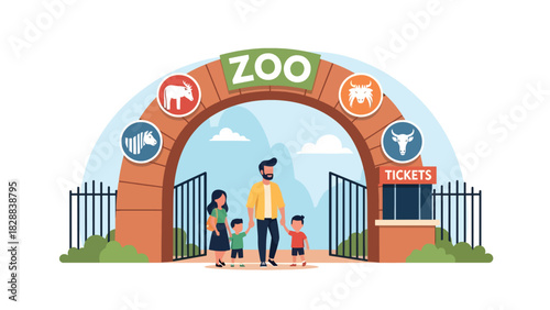 Happy family entering the zoo through the main entrance gate during a holiday trip. Ideal for family travel, tourism, outdoor adventure, and leisure illustrations