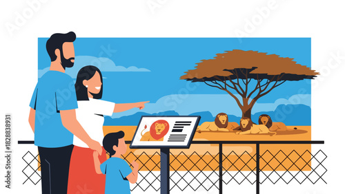 Family observing lions safely from the viewing area inside the zoo. Ideal for wildlife education, outdoor family activities, and leisure travel themes