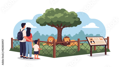Family observing lions safely from the viewing area inside the zoo. Ideal for wildlife education, outdoor family activities, and leisure travel themes